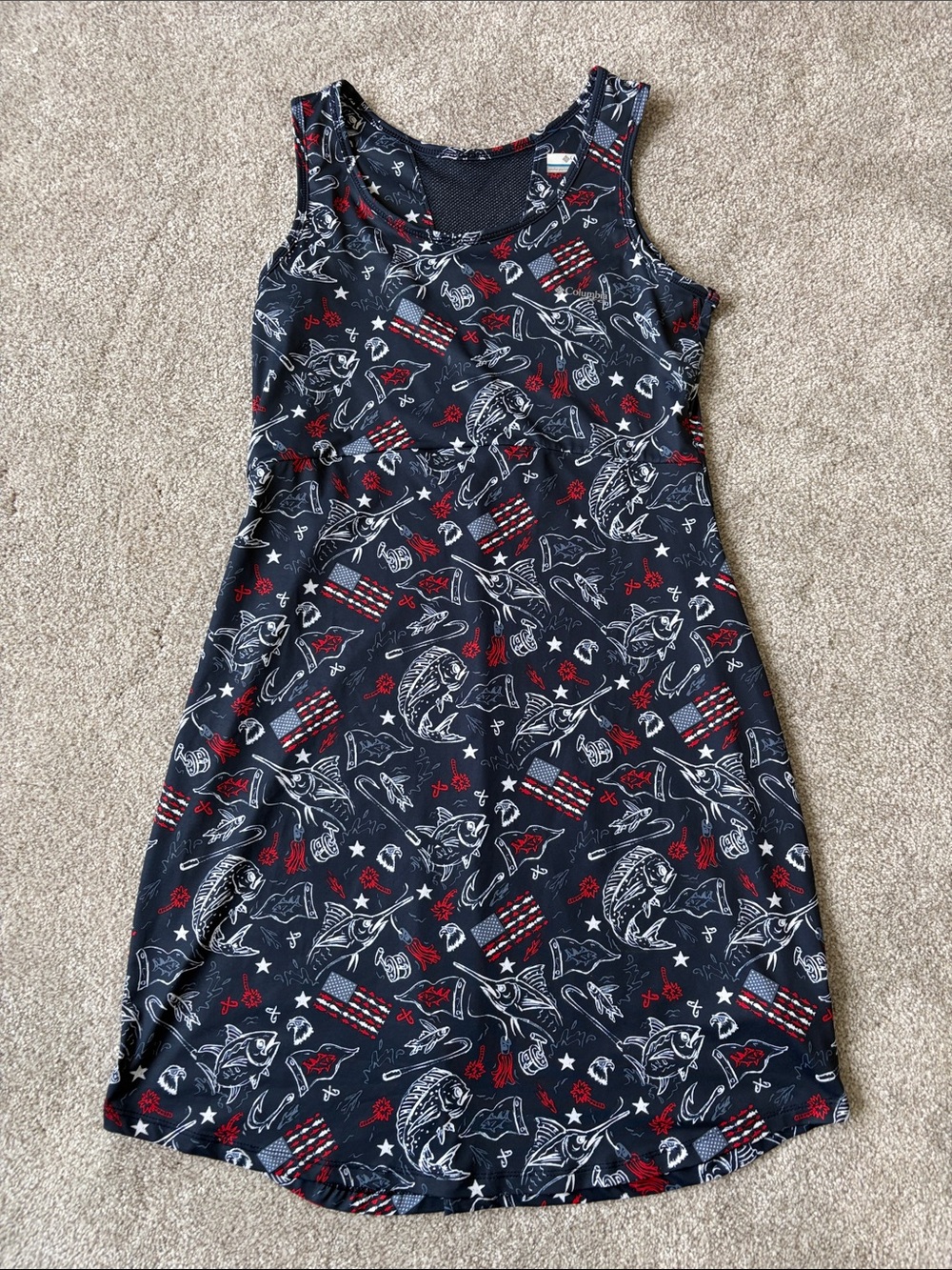Navy Sleeveless Fishing Patriotic Printed A-Line Dress - Medium